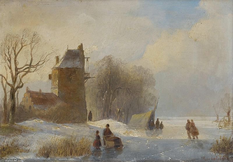 Wikioo.org - The Encyclopedia of Fine Arts - Painting, Artwork by Andreas Schelfhout - Skaters On The Ice By A Farmhouse