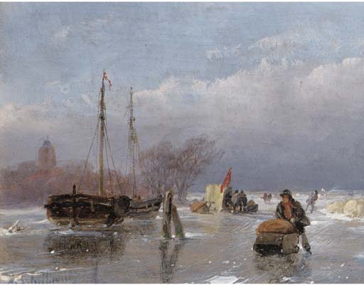 WikiOO.org - Encyclopedia of Fine Arts - Malba, Artwork Andreas Schelfhout - Skaters On The Ice With A Koek En Zopie In The Distance