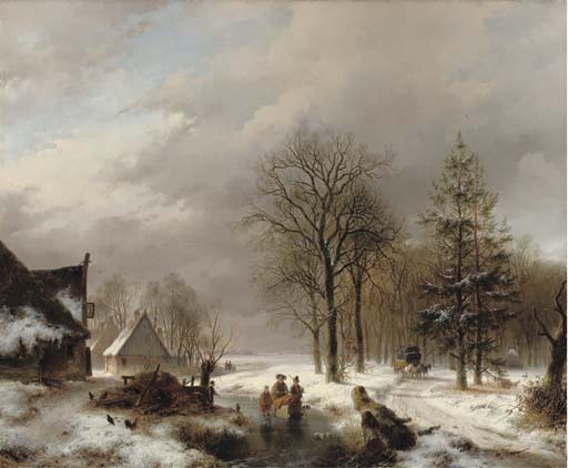 Wikioo.org - The Encyclopedia of Fine Arts - Painting, Artwork by Andreas Schelfhout - Villagers On The Ice By Farmhouses, A Diligence Approaching