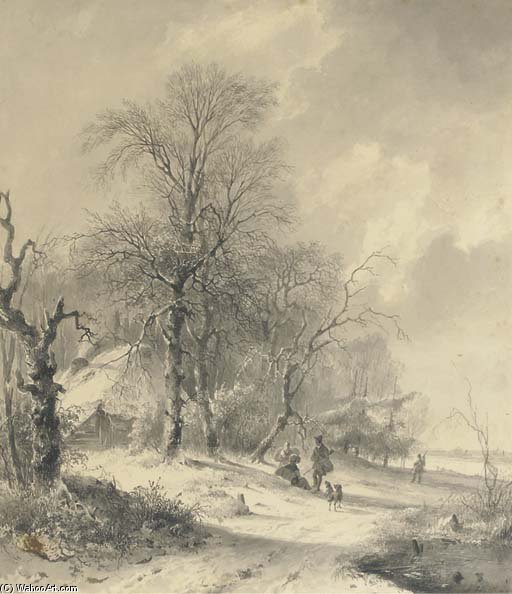 Wikioo.org - The Encyclopedia of Fine Arts - Painting, Artwork by Andreas Schelfhout - Winter - Sportsmen On The Edge Of A Forest