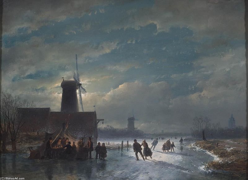 Wikioo.org - The Encyclopedia of Fine Arts - Painting, Artwork by Andreas Schelfhout - Winter Landscape With 'koek En Zopie' At Night