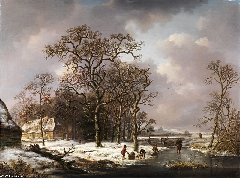 Wikioo.org - The Encyclopedia of Fine Arts - Painting, Artwork by Andreas Schelfhout - Winter Landscape With Knotty Oak