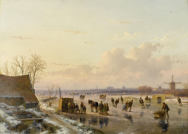 Wikioo.org - The Encyclopedia of Fine Arts - Painting, Artwork by Andreas Schelfhout - Winter Landscape With Skaters, Haarlem In The Distance