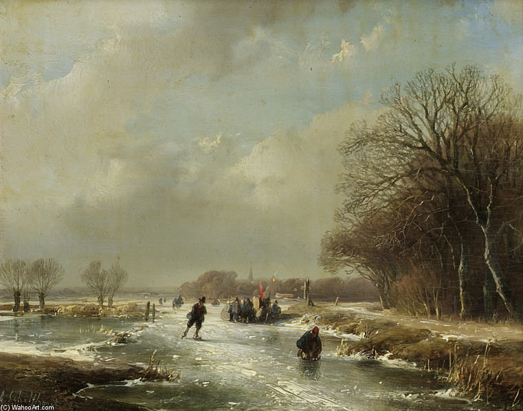 WikiOO.org - Encyclopedia of Fine Arts - Lukisan, Artwork Andreas Schelfhout - Winter Landscape With Skaters