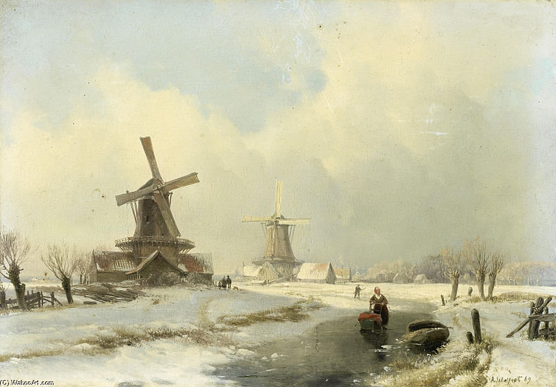 WikiOO.org - Encyclopedia of Fine Arts - Lukisan, Artwork Andreas Schelfhout - Winter Landscape With Two Windmills