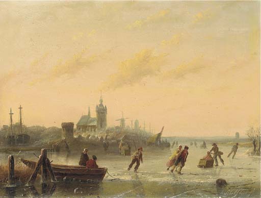 Wikioo.org - The Encyclopedia of Fine Arts - Painting, Artwork by Andreas Schelfhout - Winter Skaters On The Lake