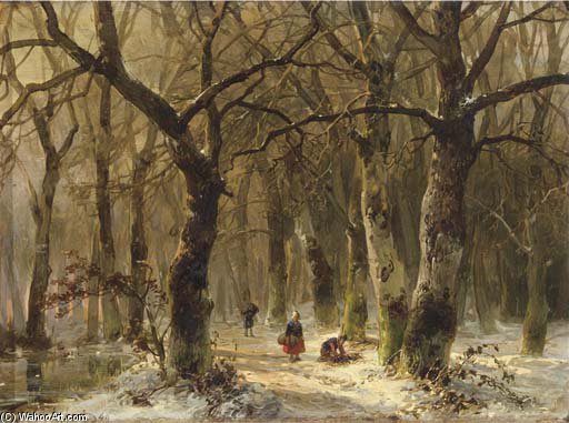 Wikioo.org - The Encyclopedia of Fine Arts - Painting, Artwork by Andreas Schelfhout - Woodgatherers On A Forest Path In Winter