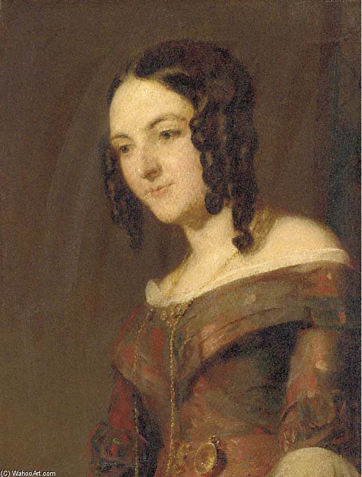 Wikioo.org - The Encyclopedia of Fine Arts - Painting, Artwork by Andrew Geddes - Portrait Of A Lady, Half-length, In A Red Dress And Ringlets In Her Hair