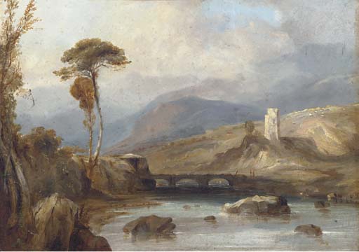Wikioo.org - The Encyclopedia of Fine Arts - Painting, Artwork by Anthony Vandyke Copley Fielding - Figures On A Bridge, With Ruins Beyond