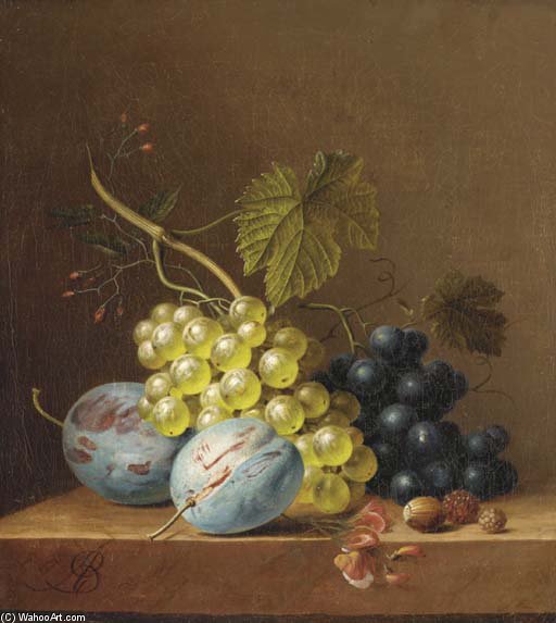 Wikioo.org - The Encyclopedia of Fine Arts - Painting, Artwork by Arnoldus Bloemers - Grapes, Plums, Rasberries And An Acorn On A Wooden Ledge