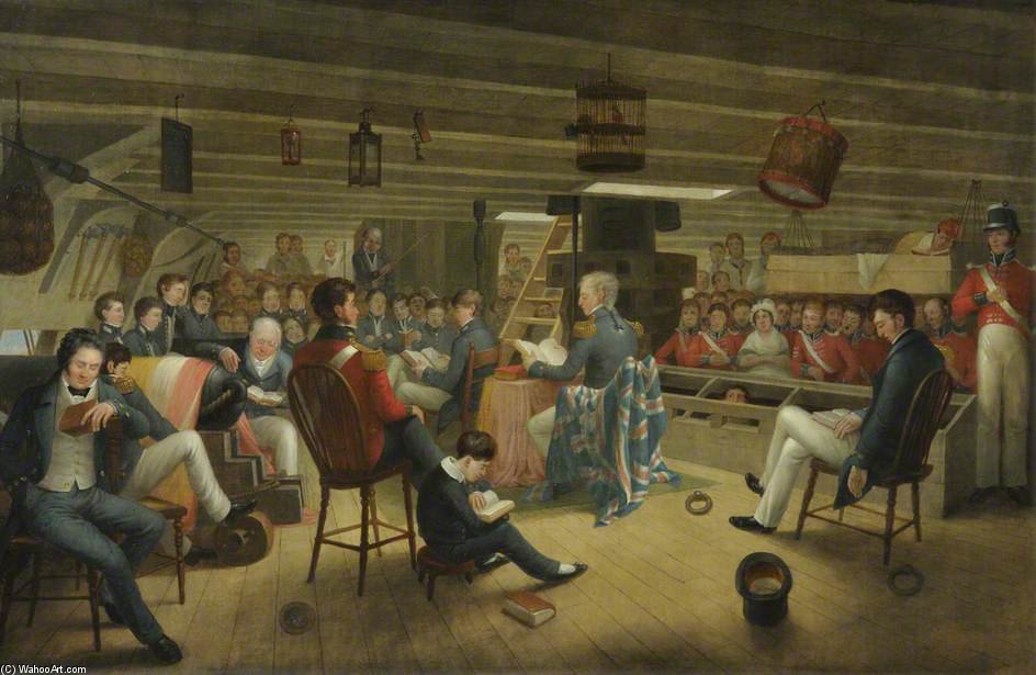 Wikioo.org - The Encyclopedia of Fine Arts - Painting, Artwork by Augustus Earle - Divine Service As It Is Usually Performed On Board A British Frigate At Sea