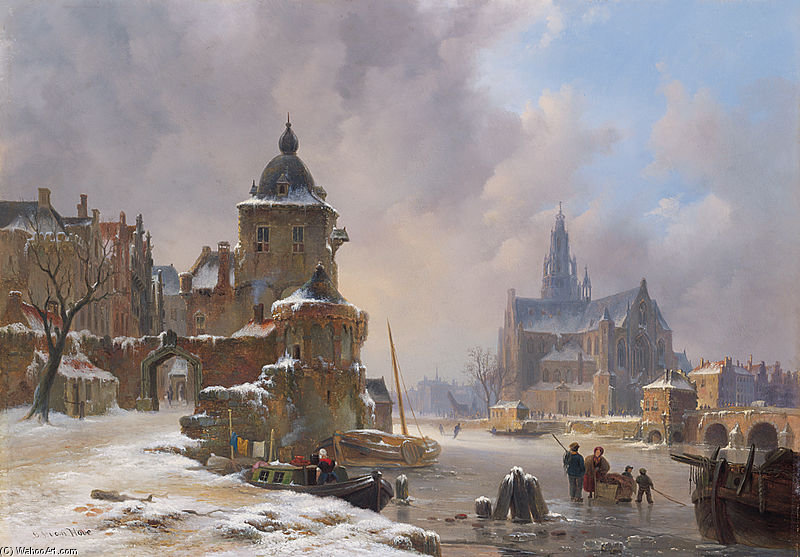 Wikioo.org - The Encyclopedia of Fine Arts - Painting, Artwork by Bartholomeus Johannes Van Hove - Winter Cityscape With Frozen River