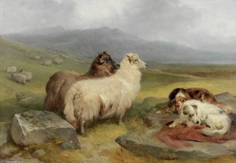 Wikioo.org - The Encyclopedia of Fine Arts - Painting, Artwork by Charles Hancock - Highland Landscape With Sheep And Dogs