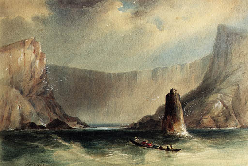 Wikioo.org - The Encyclopedia of Fine Arts - Painting, Artwork by Conrad Martens - Island Of St Paul - A Tender Entering A Rocky Inlet, A Bivouac With A Flag Flying On The Shore Beyond