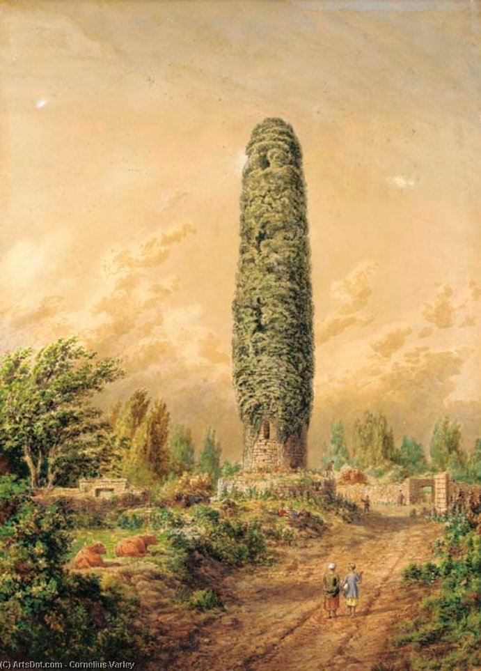 WikiOO.org - Εγκυκλοπαίδεια Καλών Τεχνών - Ζωγραφική, έργα τέχνης Cornelius Varley - An Ivy-covered Tower By An Open Track, Ireland