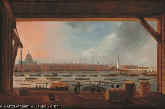 Wikioo.org - The Encyclopedia of Fine Arts - Painting, Artwork by Daniel Turner - View Of Horatio Nelson's Funeral Procession On The River Thames