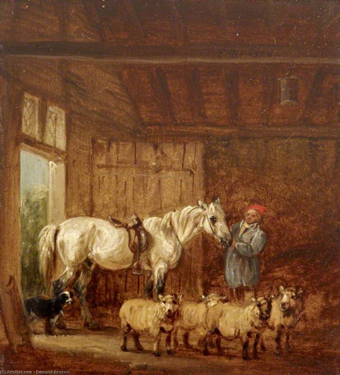 Wikioo.org - The Encyclopedia of Fine Arts - Painting, Artwork by Edmund Bristow - A White Horse With A Groom, And Sheep In A Barn