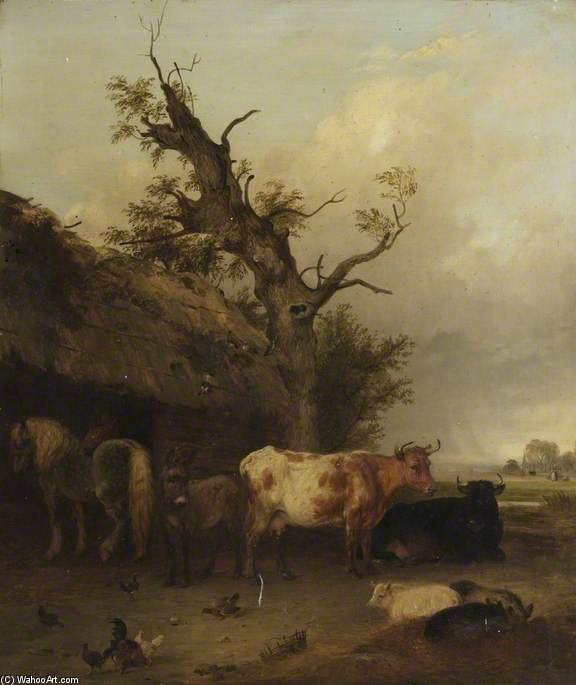 Wikioo.org – La Enciclopedia de las Bellas Artes - Pintura, Obras de arte de Edmund Bristow - Establo con las vacas y los caballos