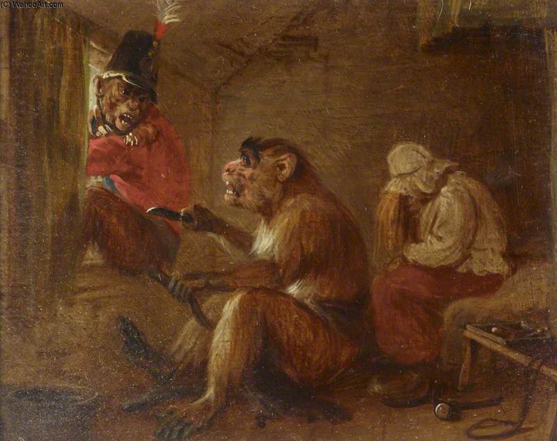 Wikioo.org - The Encyclopedia of Fine Arts - Painting, Artwork by Edmund Bristow - From A Set Of Four Singeries - A Failed Escape - A Monkey Cutting Off The Suitor's Tail