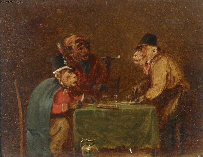 Wikioo.org - The Encyclopedia of Fine Arts - Painting, Artwork by Edmund Bristow - From A Set Of Four Singeries - Three Monkeys Drinking At A Table
