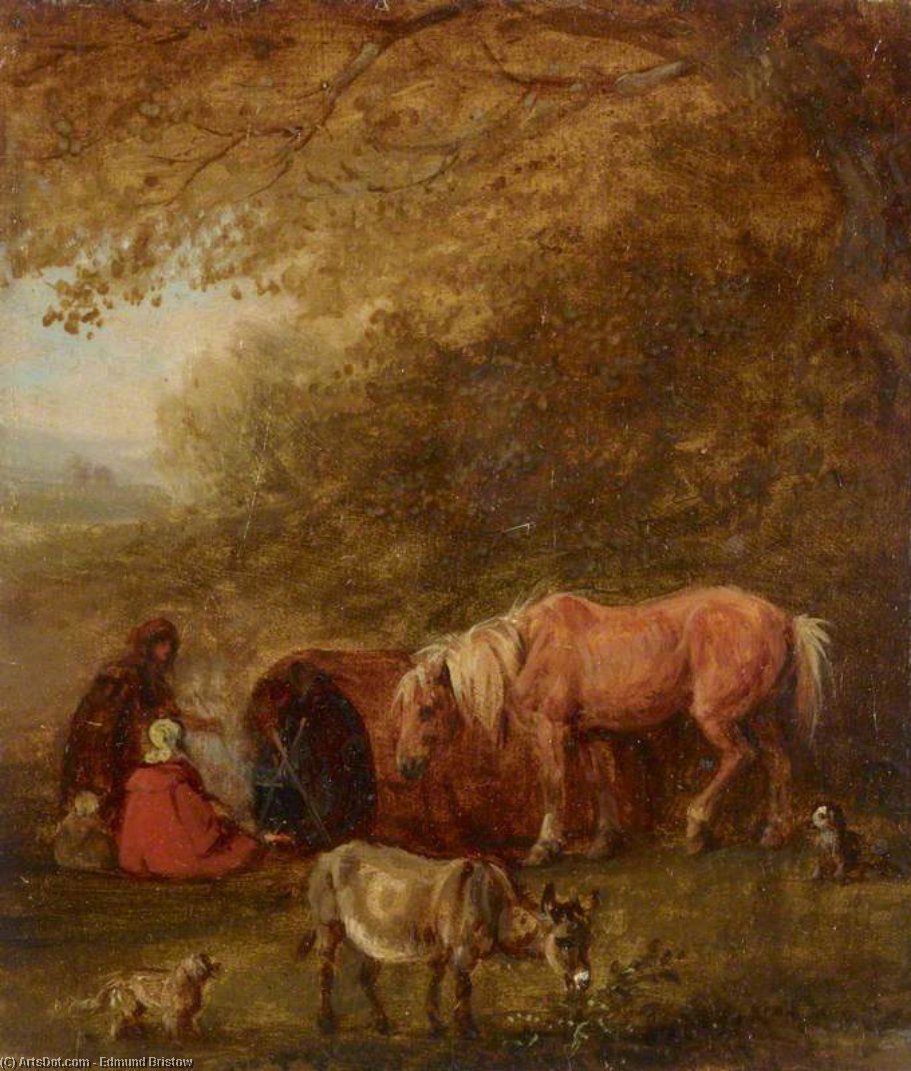 Wikioo.org – La Enciclopedia de las Bellas Artes - Pintura, Obras de arte de Edmund Bristow - Gitano campamento  enestado  caballo  asícomo  burro