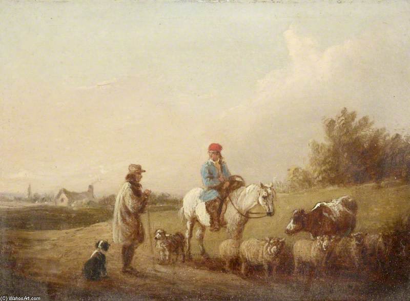 Wikioo.org - สารานุกรมวิจิตรศิลป์ - จิตรกรรม Edmund Bristow - Horseman And Herdsman Conversing On A Road
