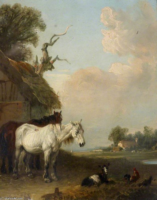 Wikioo.org - The Encyclopedia of Fine Arts - Painting, Artwork by Edmund Bristow - Landscape With Two Horses And A Goat By A Shed