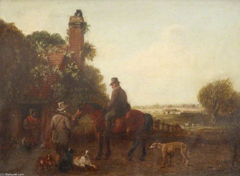 Wikioo.org - The Encyclopedia of Fine Arts - Painting, Artwork by Edmund Bristow - Two Sportsmen Outside A Cottage, One On Horseback, With Dogs