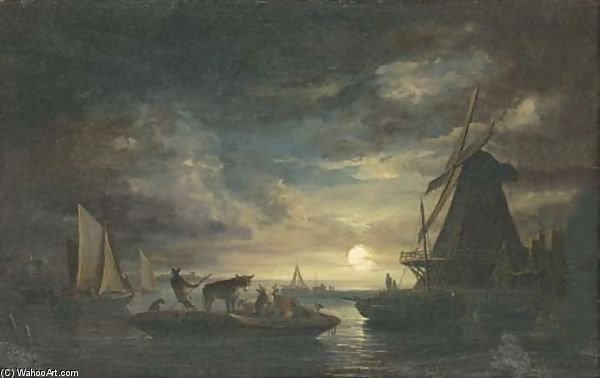 Wikioo.org - สารานุกรมวิจิตรศิลป์ - จิตรกรรม Edward Williams - Cattle On A Barge In A Moonlit Landscape -