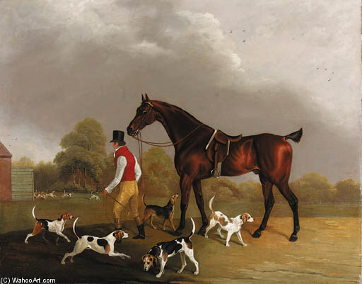 Wikioo.org - The Encyclopedia of Fine Arts - Painting, Artwork by Edwin Cooper - A Huntsman Leading A Bay Hunter, With Hounds Outside Kennels