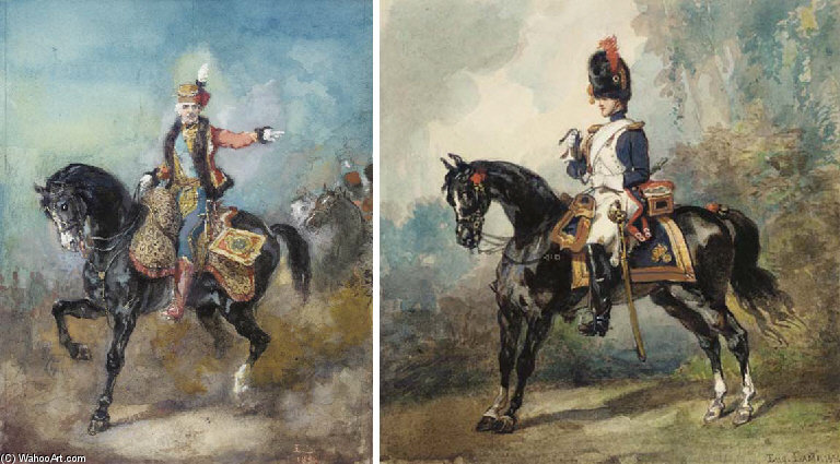 Wikioo.org – La Enciclopedia de las Bellas Artes - Pintura, Obras de arte de Eugene Louis Lami - Un Hussard Oficial Riding, señala a la derecha; Y Dragón Caballo frente a la izquierda