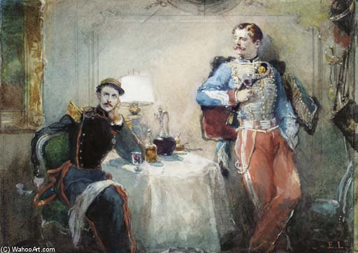 Wikioo.org – L'Encyclopédie des Beaux Arts - Peinture, Oeuvre de Eugene Louis Lami - Un officier assis à une table près de Hussard permanent tenant un verre de vin