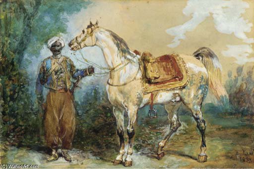 Wikioo.org - สารานุกรมวิจิตรศิลป์ - จิตรกรรม Eugene Louis Lami - Taking A Mameluke Harnessed Horse Profile Left