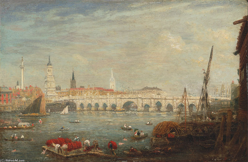 Wikioo.org - The Encyclopedia of Fine Arts - Painting, Artwork by Frederick Nash - The Monument And London Bridge