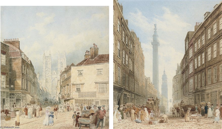 Wikioo.org - The Encyclopedia of Fine Arts - Painting, Artwork by Frederick Nash - View Of Tothill Street With Westminster Abbey Beyond; And View Of Gracechurch Street With The Monument And The Church Of St. Magnus The Martyr Beyond