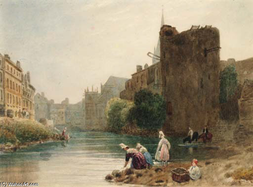 Wikioo.org - The Encyclopedia of Fine Arts - Painting, Artwork by Frederick Nash - Women Washing Clothes In A French Town River
