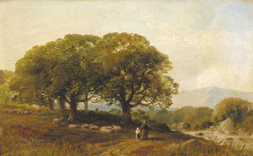 Wikioo.org - The Encyclopedia of Fine Arts - Painting, Artwork by Frederick Richard Lee - Figures By A Flock Of Sheep On A Riverside Track