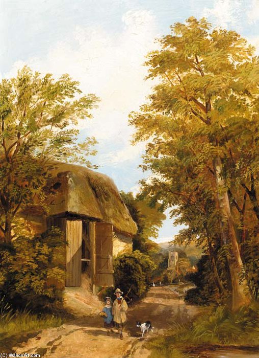 WikiOO.org - Encyclopedia of Fine Arts - Maľba, Artwork Frederick Richard Lee - Figures On A Track By A Barn, A Village Beyond