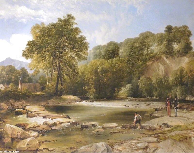 Wikioo.org - The Encyclopedia of Fine Arts - Painting, Artwork by Frederick Richard Lee - The River Ogwen At Cochwillan Mill, With The Artist Fishing, Watched By General Cartwright
