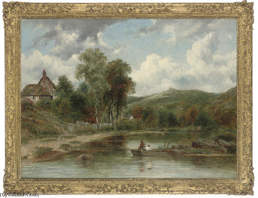 Wikioo.org - The Encyclopedia of Fine Arts - Painting, Artwork by Frederick Waters (William) Watts - Wooded Landscape With Figures In A Boat, Cottages Beyond