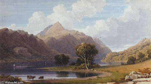 WikiOO.org - Enciclopédia das Belas Artes - Pintura, Arte por George Fennel Robson - Cattle Watering Llyn Celyn, North Wales