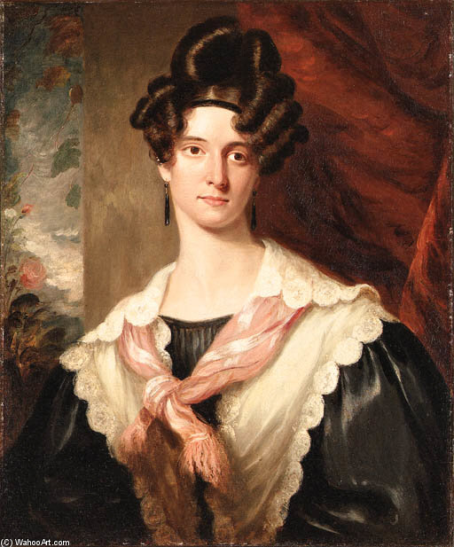 Wikioo.org - The Encyclopedia of Fine Arts - Painting, Artwork by George Henry Harlow - Portrait Of A Lady, Half Length, Wearing A Back Dress With A Pink Scarf And A White Shawl