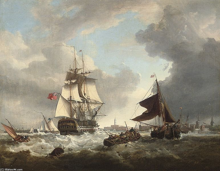 Wikioo.org - The Encyclopedia of Fine Arts - Painting, Artwork by George Webster - A '74' Shortening Sail As She Passes Through The Entrance To Portsmouth Harbour