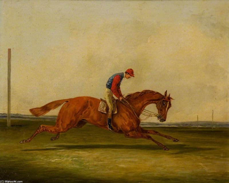 WikiOO.org - Encyclopedia of Fine Arts - Lukisan, Artwork Henry Thomas Alken - A Chestnut Racing With A Jockey Up, With Red Colours