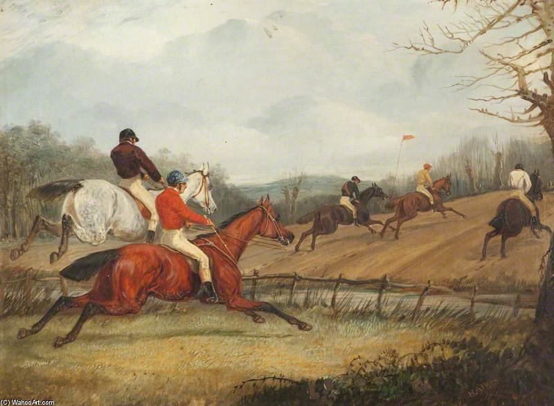 Wikioo.org - The Encyclopedia of Fine Arts - Painting, Artwork by Henry Thomas Alken - Five Steeplechasers, With A River In The Middle Distance And A Red Flag On The Horizon