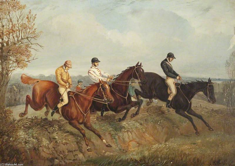 Wikioo.org - The Encyclopedia of Fine Arts - Painting, Artwork by Henry Thomas Alken - Three Steeplechasers Clearing A Ditch