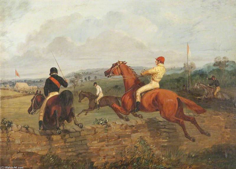 Wikioo.org - The Encyclopedia of Fine Arts - Painting, Artwork by Henry Thomas Alken - Two Steeplechasers Clearing A Wall, With Two Steeplechasers In The Middle Distance