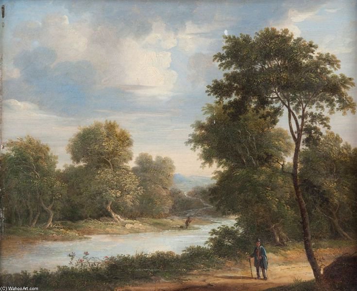 Wikioo.org - The Encyclopedia of Fine Arts - Painting, Artwork by James Arthur O Connor - A Traveler On A Riverside Road With A Fisherman In The Distance