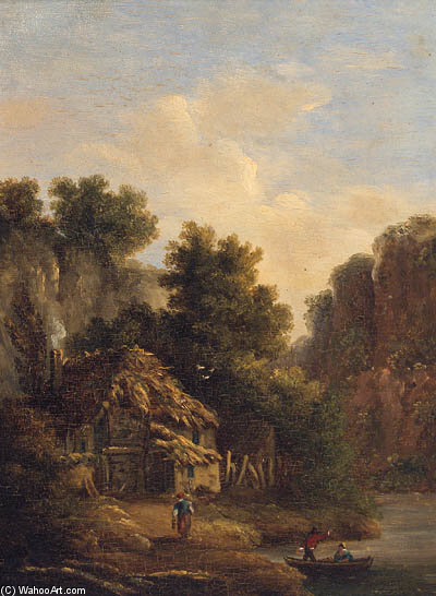WikiOO.org - Encyclopedia of Fine Arts - Maleri, Artwork James Arthur O Connor - Figures Before A Cottage In A Gorge