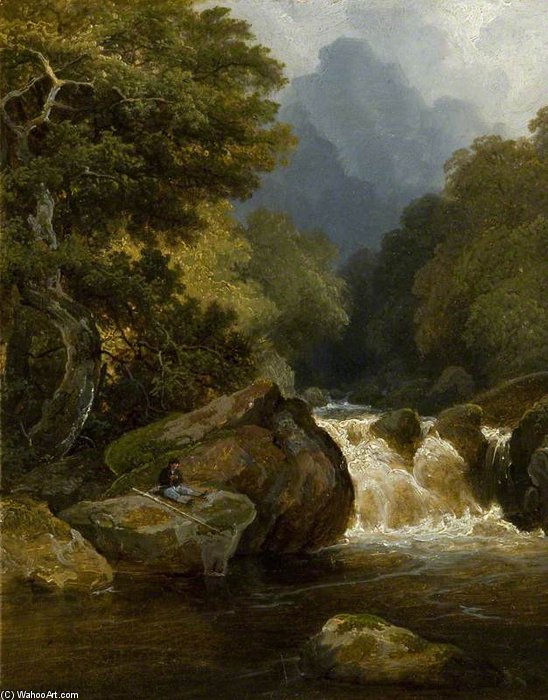 Wikioo.org – La Enciclopedia de las Bellas Artes - Pintura, Obras de arte de James Arthur O Connor - Glen Arbolada Con Un pescador